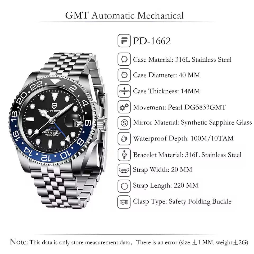 Pagani Design PD-1662 Men’s GMT Mechanical Watch – 40mm Sports, Sapphire Crystal, 100M Water Resistant