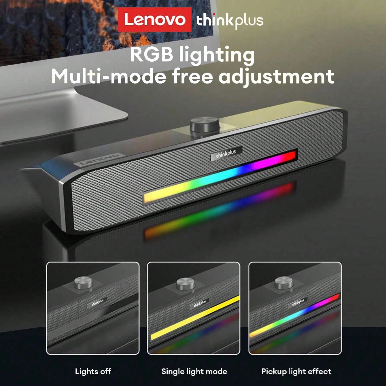 Barra de Sonido Lenovo TS33 con Subwoofer AUX y Bluetooth 5.0 – Sonido Envolvente 360° para PC y Cine en Casa
