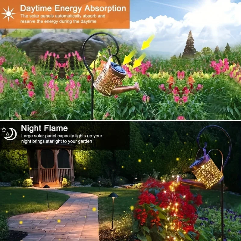 Linterna de Metal Retro grande, regadera Solar, luces de ducha impermeables para exteriores, Hada LED de estrella colgante para decoración de jardín