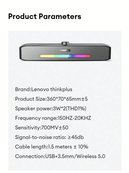 Barra de Sonido Lenovo TS33 con Subwoofer AUX y Bluetooth 5.0 – Sonido Envolvente 360° para PC y Cine en Casa
