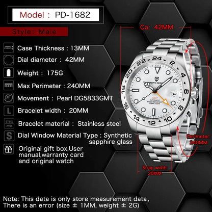 Pagani Design PD-1682 Men’s GMT Automatic Watch – 42mm Vintage, Sapphire Crystal, 100M Water Resistant