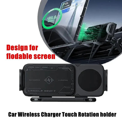 Soporte para teléfono móvil/almohadilla inteligente, soporte magnético para teléfono para coche, soporte para teléfono giratorio automático 2 en 1, cargador inalámbrico para coche