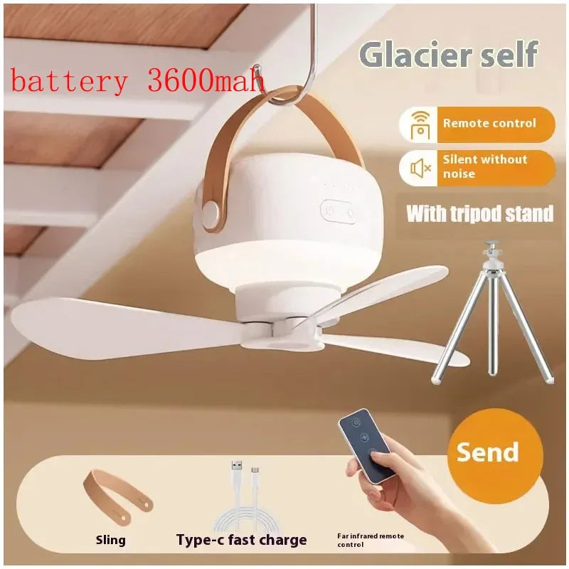 Ventiladores de techo portátiles, ventilador eléctrico LED recargable, lámpara de noche para el hogar, tienda de campaña al aire libre, ventilador colgante con Control remoto