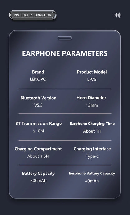 Nuevos auriculares deportivos Lenovo LP75 TWS, auriculares inalámbricos Bluetooth 5,3, auriculares estéreo HiFi resistentes al agua con reducción de ruido y micrófonos