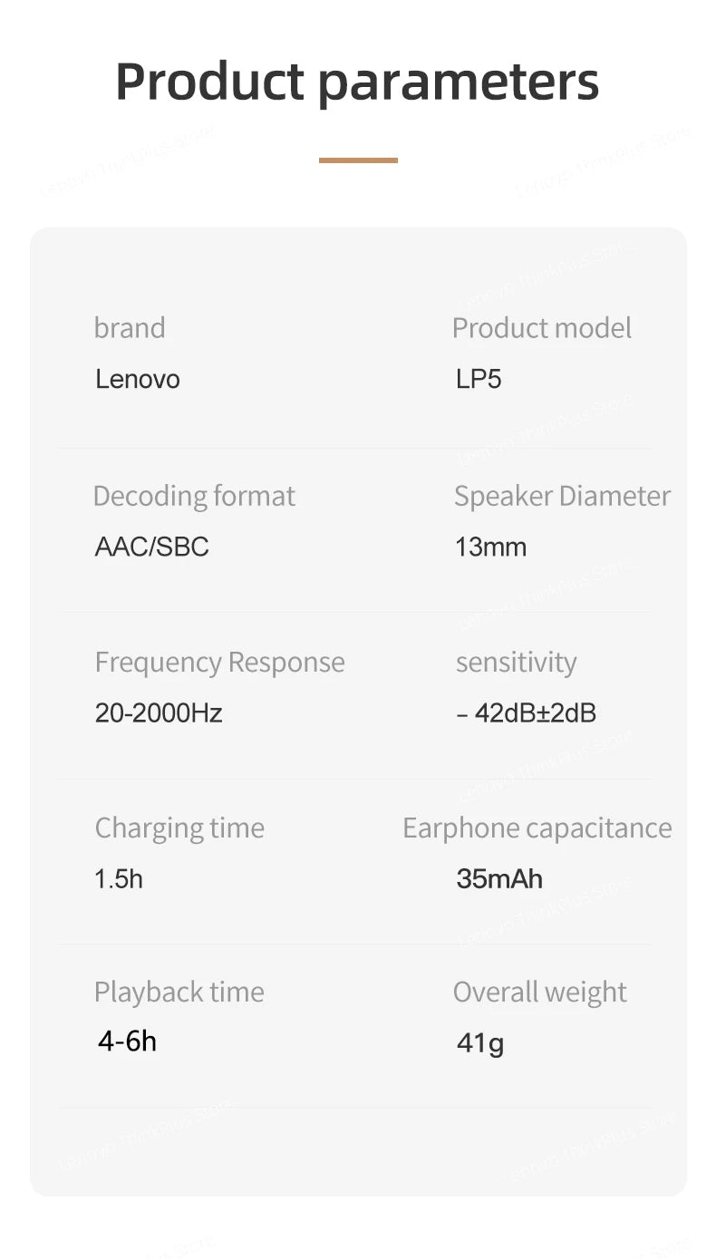 Lenovo-auriculares inalámbricos con Bluetooth LP5 100% originales, cascos de música HiFi con micrófono, deportivos, resistentes al agua, novedad de 2021