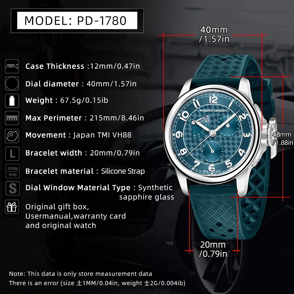PAGANI DESIGN PD-1780 Men's Quartz Watch – Sapphire Crystal, 100M Waterproof, Luminous, Calendar