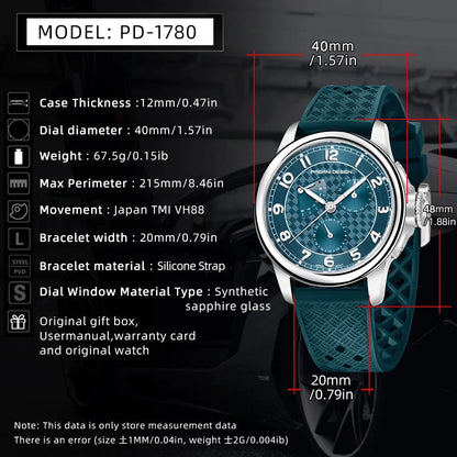 PAGANI DESIGN PD-1780 Men's Quartz Watch – Sapphire Crystal, 100M Waterproof, Luminous, Calendar
